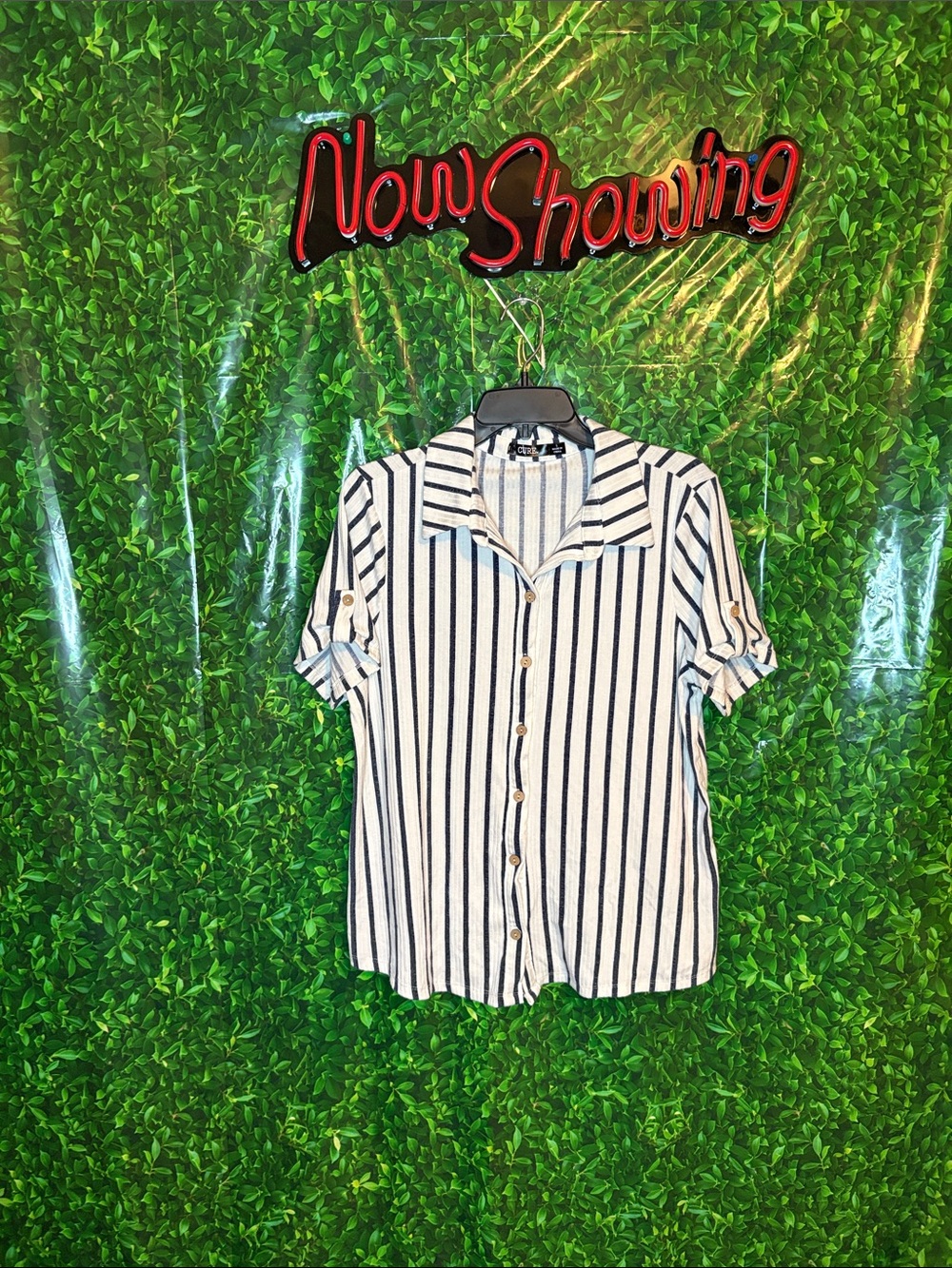 Striped Short-Sleeve Button-Down Shirt - White & Navy